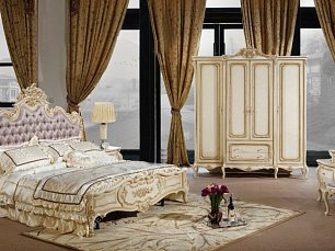 Спальня Милана Софа комплект: кровать 180х200 + 2 тумбы прикроватные + стол туалетный с зеркалом + шкаф 4 дверный + пуф