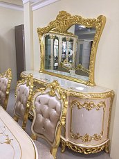 Столовая Лувр комплект: витрина 4 дверная + буфет с зеркалом + стол обеденный 240/320х120 + 6 стульев + 2 стула с подлокотниками