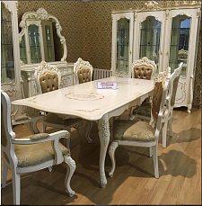 Столовая Магдалена комплект: стол обеденный 200/240х112+6 стульев+2 стула с подлокотниками+витрина 3 дверная+буфет с зеркалом слоновая кость