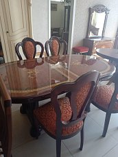 Роза столовая комплект: витрина 4 дверная + буфет с зеркалом + стол обеденный + 6 стульев орех лак глянец