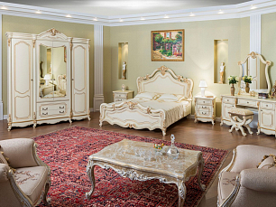 Спальня Мона Лиза комплект: кровать 160х200 + 2 тумбы прикроватные + туалетный стол с зеркалом + пуф + шкаф 4 дверный с зеркалом крем