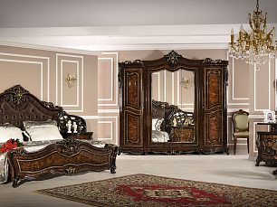 Спальня Джоконда комплект: кровать 160х200 с мягким изголовьем + 2 тумбы прикроватные + туалетный стол с зеркалом + пуф + шкаф 5 дверный с зеркалом корень дуба глянец