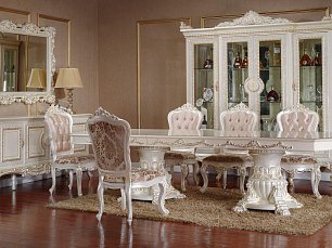 Моника столовая комплект: витрина 4 дверная + буфет + стол обеденный + 4 стула + 2 стула с подлокотниками жемчужно-белый глянец с золотом