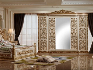 Спальня Шейх комплект: кровать 180х200 + 2 тумбы прикроватные + стол туалетный с зеркалом + шкаф 6 дверный с зеркалом + пуф беж