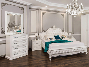 Спальня Мишель комплект: кровать 180х200 + 2 тумбы прикроватные + комод узкий + зеркало + шкаф 2 дверный белый матовый