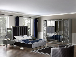 Спальня Индиго комплект: кровать 180х200 + 2 тумбы прикроватные + стол туалетный с зеркалом + шкаф 6 дверный с зеркалом