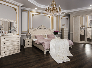 Спальня Афина комплект: кровать 160х200 + 2 тумбы прикроватные + комод + зеркало ППУ + шкаф 5 дверный с зеркалом крем корень