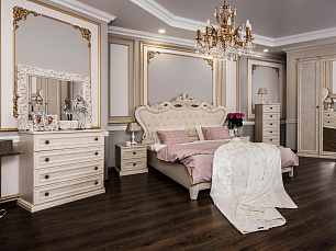 Спальня Афина комплект: кровать 160х200 + 2 тумбы прикроватные + комод + зеркало рамочное + шкаф 4 дверный с зеркалом (2+2) крем корень