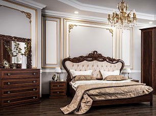 Спальня Афина комплект: кровать 160х200 + 2 тумбы прикроватные + комод + зеркало рамочное + шкаф 3 дверный с зеркалом караваджо