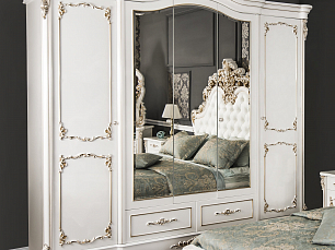 Спальня Флоренция комплект: кровать 180х200 с мягким изголовьем + 2 тумбы прикроватные + туалетный стол с зеркалом + пуф + шкаф 5 дверный с зеркалом белый перламутр глянец