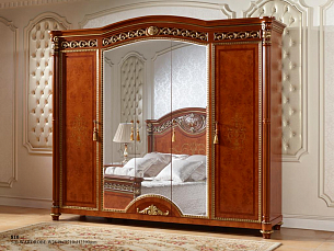 Спальня Атанасия комплект: кровать 180х200 с мягким изголовьем + 2 тумбы прикроватные + стол туалетный с зеркалом + шкаф 5 дверный с зеркалом + пуф орех