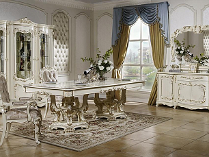Столовая Венеция К комплект: стол обеденный 240/280/320х120 + 6 стульев + 2 стула с подлокотниками + витрина 3 дверная + буфет с зеркалом