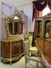 Столовая Малена комплект: витрина 4 дверная + буфет с зеркалом + стол обеденный 240/280х130 + 4 стула + 2 стула с подлокотниками