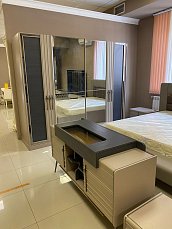 Спальня Палермо комплект: кровать 180х200 с мягким изголовьем + 2 тумбы прикроватные + комод с зеркалом + шкаф-купе с зеркалом