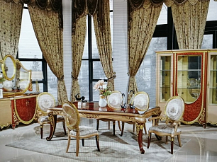 Столовая Лейла комплект: витрина 4 дверная + буфет с зеркалом + стол обеденный 240/280х120 + 6 стульев + 2 стула с подлокотниками