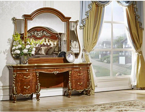 Спальня Вивальди Софа комплект: кровать 180х200 + 2 тумбы прикроватные + стол туалетный с зеркалом + пуф + шкаф 6 дверный орех