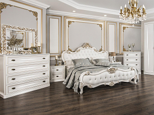 Спальня Натали комплект: кровать 180х200 с мягким изголовьем + 2 тумбы прикроватные + комод узкий + зеркало + шкаф 2 дверный белый глянец