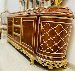 Столовая Версаль комплект: витрина 4 дверная + буфет с зеркалом + стол обеденный 300х120 + 6 стульев + 2 стула с подлокотниками орех с золотом