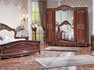 Спальня Даниэлла АРД комплект: кровать 180х200 + 2 тумбы прикроватные + туалетный стол с зеркалом + пуф + шкаф 5 дверный с зеркалом орех глянец