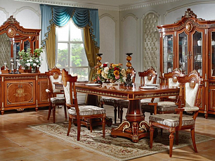 Столовая Мадлен комплект: витрина 4 дверная + буфет с зеркалом + стол обеденный 240/280х120 + 4 стула + 2 стула с подлокотниками