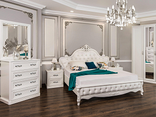 Спальня Мишель комплект: кровать 160х200 + 2 тумбы прикроватные + комод узкий + зеркало + шкаф 5 дверный с зеркалом белый матовый