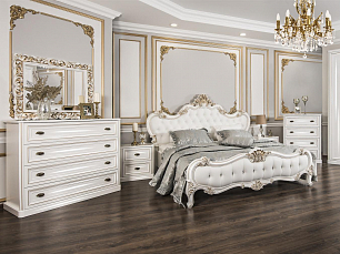 Спальня Натали комплект: кровать 180х200 с мягким изголовьем + 2 тумбы прикроватные + комод узкий + зеркало + шкаф 2 дверный с зеркалом белый глянец