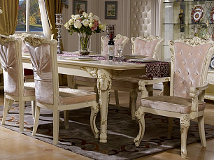 Столовая Роял комплект:Стол обеденный 200/240/280х120+6 стульев+2 стула с подлокотниками+витрина 3 дверная+буфет с зеркалом слоновая кость+золото