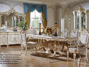 Столовая Мелания комплект: витрина 4 дверная + буфет с зеркалом + стол обеденный 300х120 + 6 стульев + 2 стула с подлокотниками