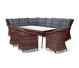Комплект Базелла из искусственного ротанга: стол обеденный 160х90 + диван угловой + 3 кресла коричневый