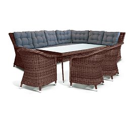 Комплект Базелла из искусственного ротанга: стол обеденный 160х90 + диван угловой + 3 кресла коричневый