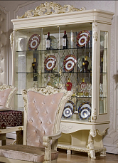 Столовая Роял комплект:Стол обеденный 200/240/280х120+6 стульев+2 стула с подлокотниками+витрина 3 дверная+буфет с зеркалом слоновая кость+золото