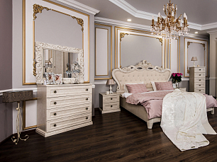 Спальня Афина комплект: кровать 180х200 + 2 тумбы прикроватные + комод + зеркало ППУ + шкаф 2 дверный с зеркалом крем корень
