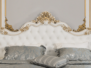 Спальня Натали комплект: кровать 180х200 с мягким изголовьем + 2 тумбы прикроватные + комод узкий + зеркало + шкаф 5 дверный с зеркалом белый глянец