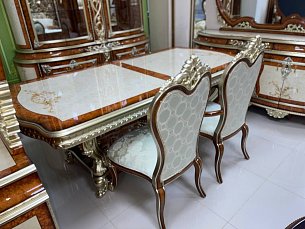 Столовая Ария комплект: витрина 4 дверная + буфет с зеркалом + стол обеденный 240/280х120 + 6 стульев + 2 стула с подлокотниками