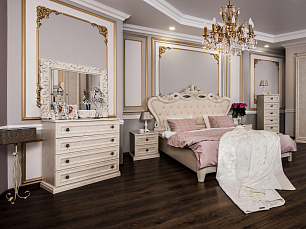 Спальня Афина комплект: кровать 160х200 + 2 тумбы прикроватные + комод + зеркало ППУ + шкаф 2 дверный крем корень