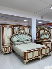 Спальня Ария комплект: кровать 180х200 с мягким изголовьем + 2 тумбы прикроватные + стол туалетный с зеркалом + шкаф 6 дверный с зеркалом + пуф