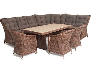 Комплект Бергамо угловой из искусственного ротанга: стол обеденный 180х100 + диван угловой + 3 кресла коричневый