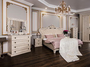 Спальня Афина комплект: кровать 160х200 + 2 тумбы прикроватные + комод + зеркало рамочное + шкаф 3 дверный с зеркалом крем корень
