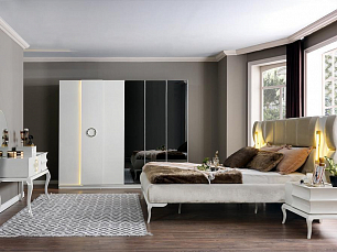 Спальня Бианко комплект: кровать 180х200 + 2 тумбы прикроватные + стол туалетный с зеркалом + шкаф 6 дверный с зеркалом + пуф