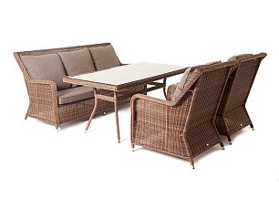 Комплект Гляссе из искусственного ротанга: стол обеденный 160х90 + диван + 2 кресла коричневый