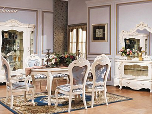 Столовая Мона Лиза комплект: стол обеденный 190/230х112 + 2 стула + 4 стула с подлокотниками + витрина 4 дверная + буфет с зеркалом белый