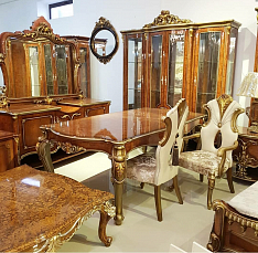 Столовая Багира комплект: витрина 4 дверная + буфет с зеркалом + стол обеденный  240/280х120 + 6 стульев + 2 стула с подлокотниками