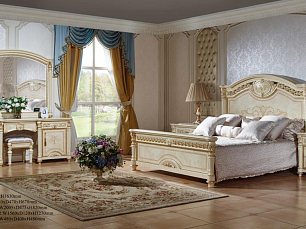 Спальня Атанасия комплект: кровать 180х200 + 2 тумбы прикроватные + стол туалетный с зеркалом + шкаф 5 дверный + пуф беж