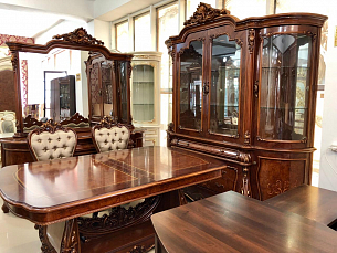 Столовая Империал комплект: витрина 4 дверная + буфет с зеркалом + стол обеденный 190/240х112 + 6 стульев
