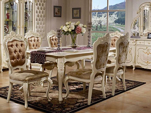 Столовая Магдалена комплект: стол обеденный 200/240х112+6 стульев+2 стула с подлокотниками+витрина 3 дверная+буфет с зеркалом слоновая кость