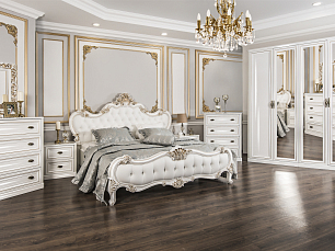 Спальня Натали комплект: кровать 180х200 с мягким изголовьем + 2 тумбы прикроватные + комод узкий + зеркало + шкаф 4 дверный с зеркалом белый глянец