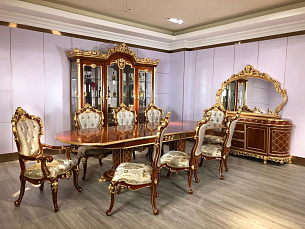 Столовая Версаль комплект: витрина 4 дверная + буфет с зеркалом + стол обеденный 300х120 + 6 стульев + 2 стула с подлокотниками орех с золотом