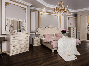 Спальня Афина комплект: кровать 160х200 + 2 тумбы прикроватные + комод + зеркало ППУ + шкаф 4 дверный с зеркалом (1+2+1) крем корень