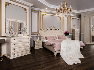 Спальня Афина комплект: кровать 180х200 + 2 тумбы прикроватные + комод + зеркало ППУ + шкаф 6 дверный с зеркалом крем корень