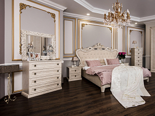 Спальня Афина комплект: кровать 180х200 + 2 тумбы прикроватные + комод + зеркало ППУ + шкаф 2 дверный крем корень